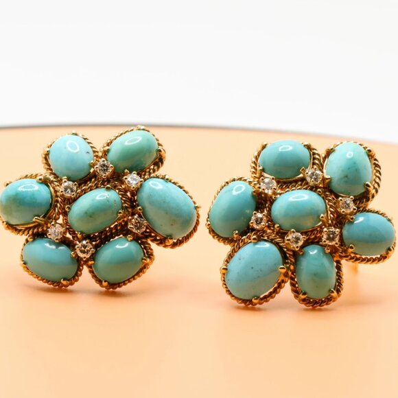 Vintage 18K Gold Family Heirloom Turquoise Diamond Clip On Earrings - Picture 3 of 16
